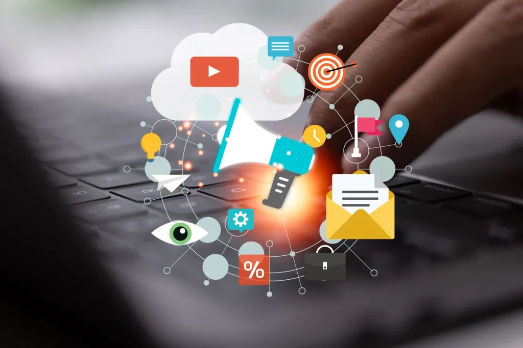 A range of ideas representing digital marketing and online audience engagement