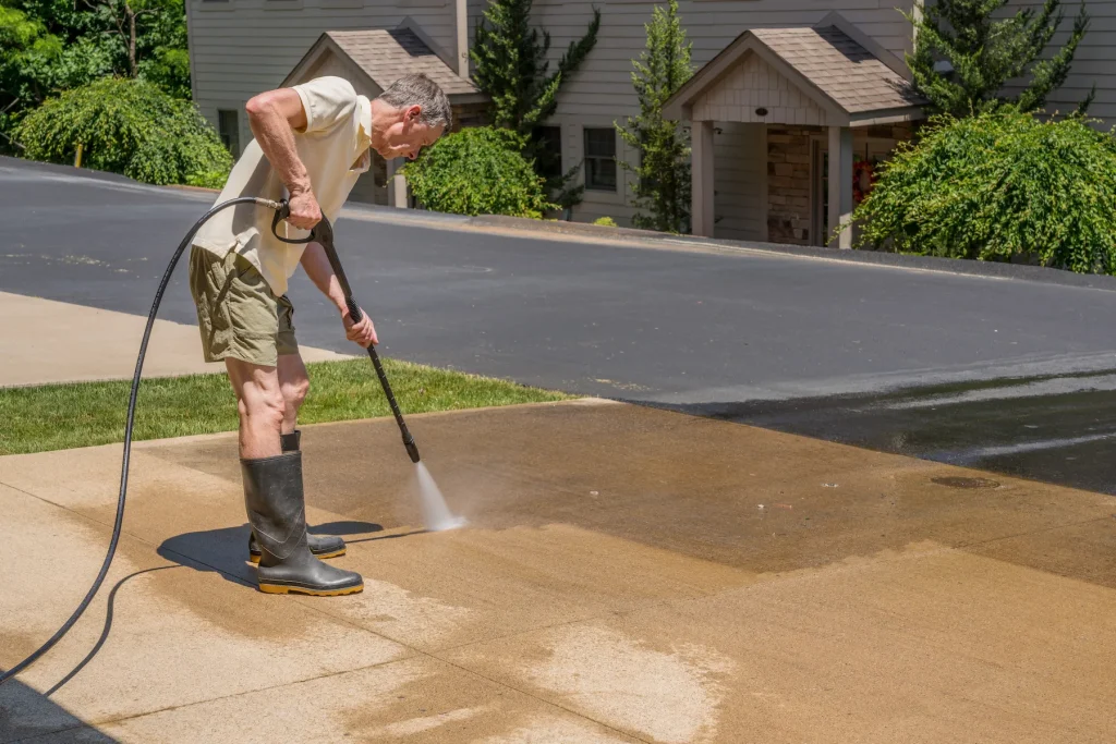 Senior man using a pressure washer to clean a concrete driveway