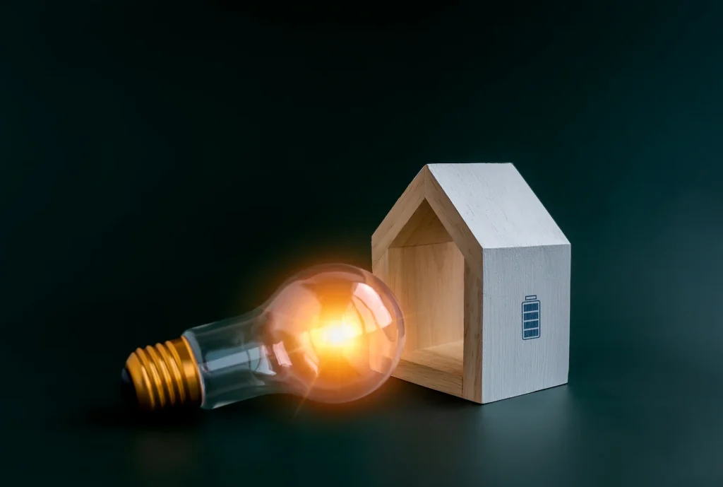 Glowing light bulb next to a minimalist house