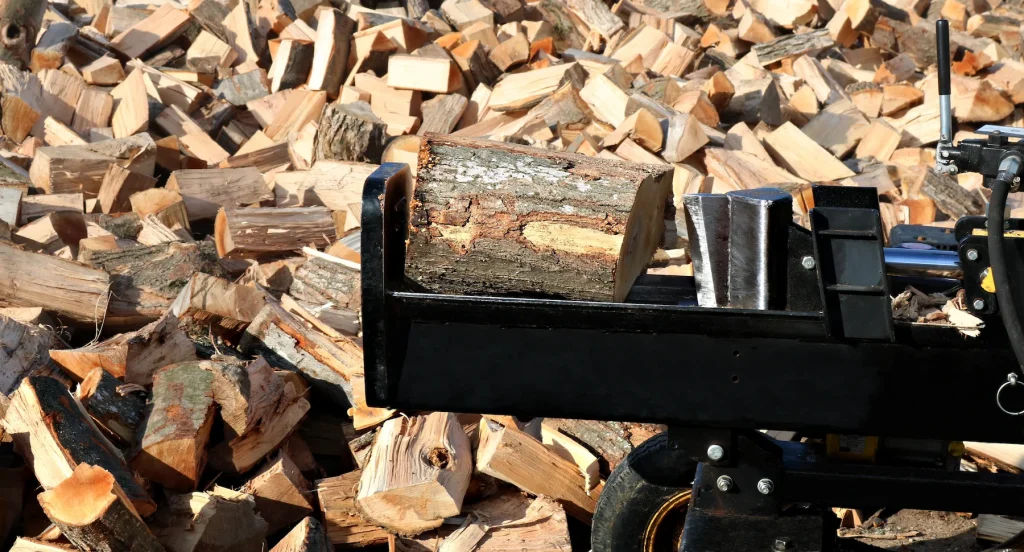 Log splitter splitting a round of wood beside piles of firewood